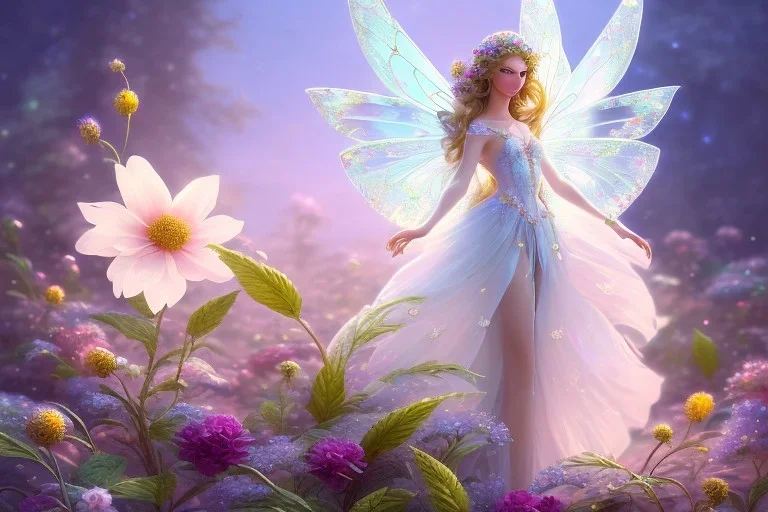 one very little beautiful fairy on a big crystal subtle flower in a galactic ambiance, transparent petals, delicate colors, in the foreground, full of details, smooth, bright sunshine，soft light atmosphere, light effect，vaporwave colorful, concept art, smooth, extremely sharp detail, finely tuned detail, ultra high definition, 8 k, unreal engine 5, ultra sharp focus