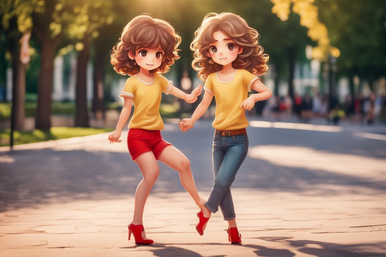 a cute chibi spanish man with short curly brown hair cropped at the back in yellow T-shirt and jeans with a cute chibi contented girl with long brown hair and brown eyes in a red elegant jumpsuit and red high heels, and a chibi girl with blonde brown hair in a beige dress dancing dynamically in Madrid in the Retino park, in candlelight, ethereal, cinematic postprocessing, airplane in the sky