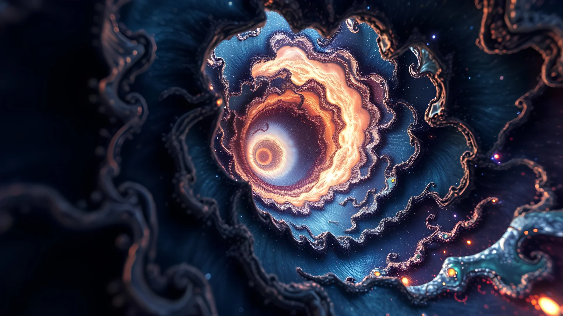 Looking into the eye of a galaxy of the most beautiful intricate fractals swirling going into infinity masterpiece, 8k resolution, dark fantasy concept art, by Greg Rutkowski, lighting,hyperdetailed, intricately detailed, Splash screen art, trending on Artstation, deep color, Unreal Engine, volumetric lighting, Alphonse Mucha, Jordan Grimmer, iridescent