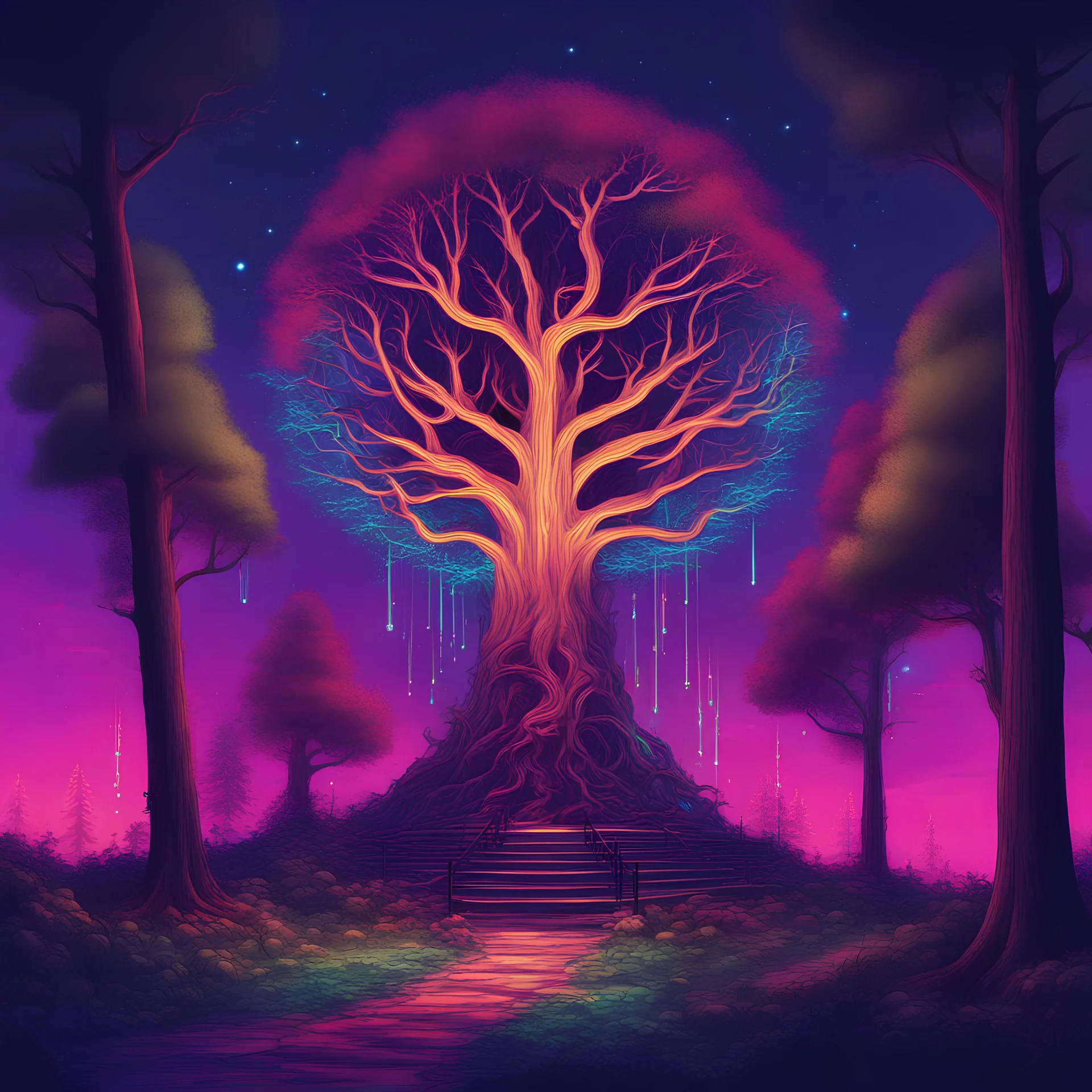 Imagine an electric forest at the edge of a neon-lit horizon. In the foreground, a single towering tree with branches that resemble musical instruments, each glowing with vibrant energy. The AI task is to create a harmonious blend of the natural and the electric, where the leaves of the tree emit colorful pulses corresponding to the mood of your music.