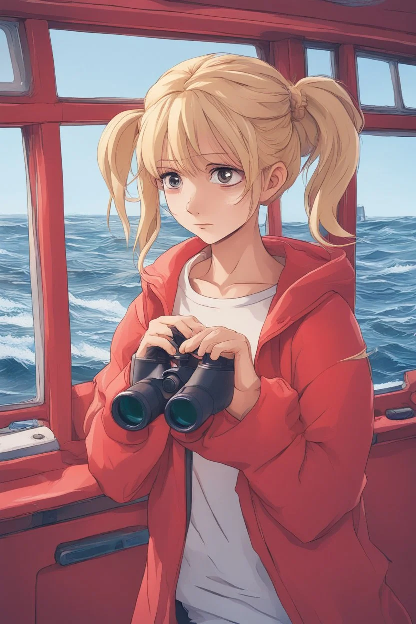 23 years old girl, with blond hair and a messy bun. standing on in a red boat, wearing red clothes and looking trough binoculars watching something in the middle of the sea. You see the whole boat. You see the gril in front. It's a ferry.