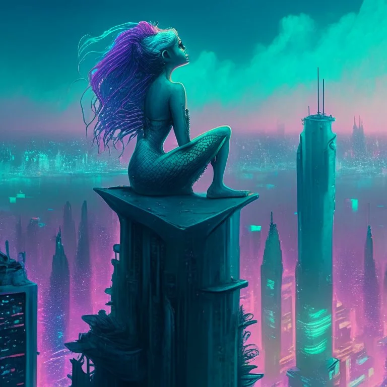 A mermaid perched atop a skyscraper, looking out at the towering neon buildings that jut out of the polluted, smog-filled horizon.