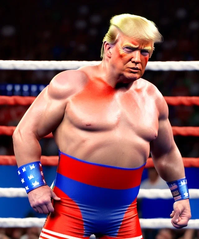 Realistic image of Donald trump wrestler, Mexican wrestling style, eye liner, red and blue breeches, glow us flag dress, suspenders, retro style, 80s, vibrant color, highly detailed, clean background, concept art, unreal engine 5, god rays, ray tracing, RTX, lumen lighting, ultra detail, volumetric lighting, 3d, finely drawn, high definition, high resolution.