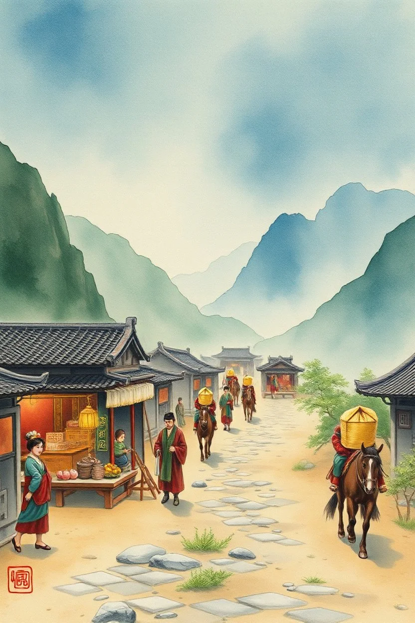 trading caravan Hexi Corridor silk road in ancient times in the style of Zeng Fanzhi watercolour