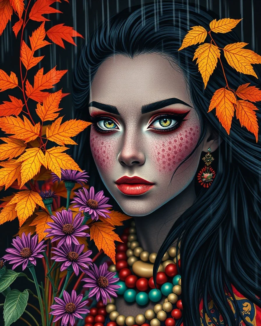 Vibrant autumn foliage in a rain-kissed setting, Ikebana arrangement, Haiku poetry inspiration, Japanese garden elements, autumn asters, Utagawa Hiroshige essence, Isaac Levitan influence, woman with dark skin, tribal markings, mysterious expression, piercing eyes, flowing black hair, colorful beads, layered textiles, bright hues, ornate jewelry, cultural richness, dark, blurred backdrop, GoBi, Наталья И-ва.Mystical character with pale blue scaly skin, icy green eyes, dark eyeliner, cascading da
