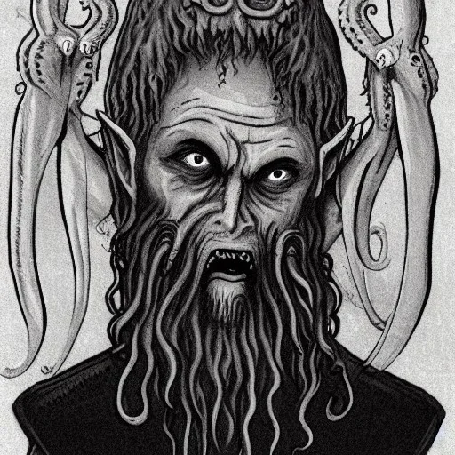 Vampire with yellow eyes with Cthulhu tentacle beard grey skin and vampire fangs and vampire bat nose as a Russian Orthodox