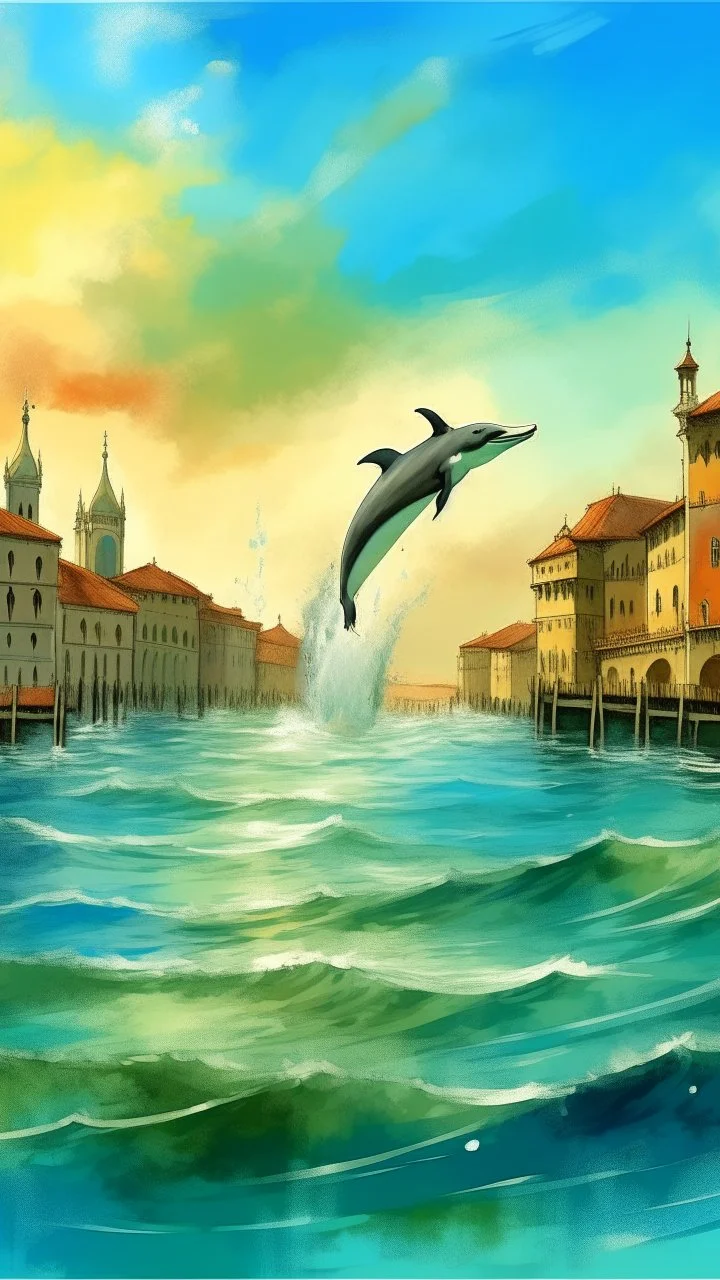 Dolphin jumping high in the city of Venice water, Bosch painting style