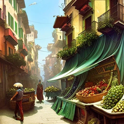 A greengrocer in colorful genoa street+Italian sea+alphonse mucha, greg rutkowski,matte painting, cryengine, hyper detailed, felix kelly, fantasy art, seb mckinnon