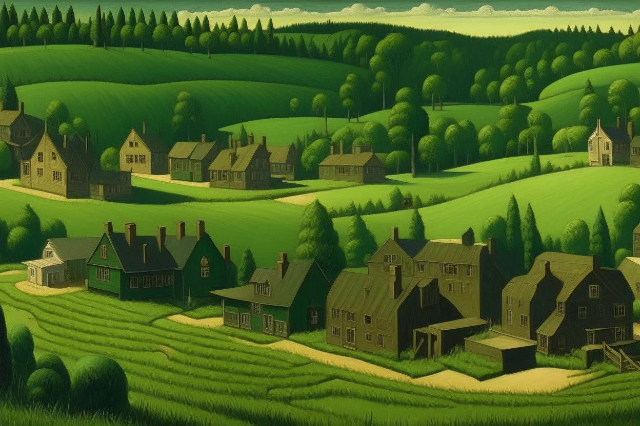 A dark green grassy town with wooden houses painted by Grant Wood