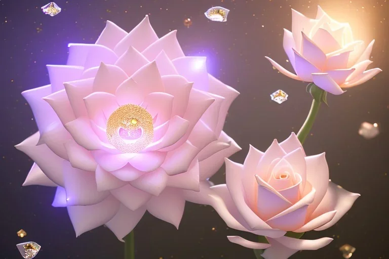 white,magic magical flower, beautiful crystal lotus flowers, flowerart, rareflowers whiteflowers rose, brilliant diamond gold glass, shiny gorgeous magical,glowing pink gold, beautiful crystal shiny, irridescent, hyperrealistic, cinematic lighting, particles, unreal engine, full of details, bright sunshine, light effect, photos realistique, vaporwave colorful, extremely sharp detail, finely,