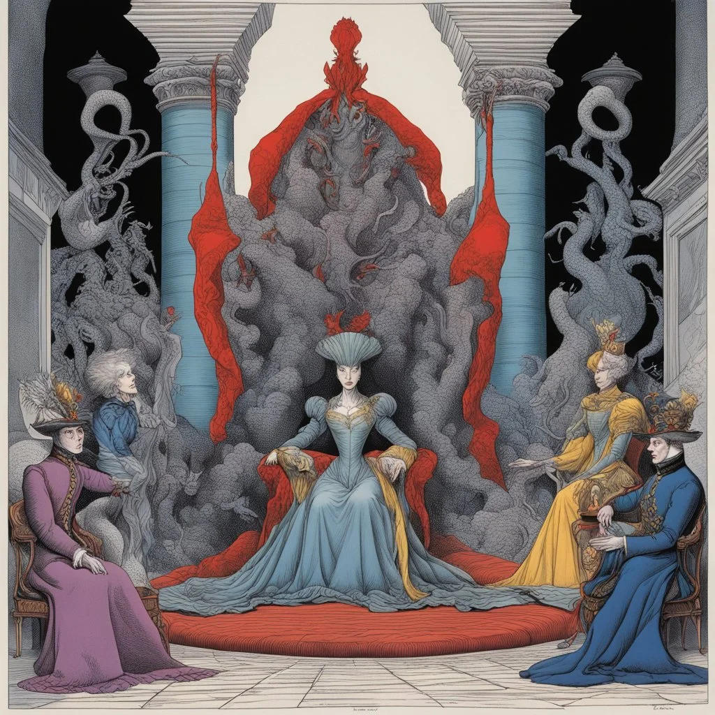 Trade-offs of the Intangible Queens court dreamscape, expansive asymmetry, neo surrealism, by John Tenniel, by Gerald Scarfe, liquid color ink illustration, dark brooding colors, color pop.