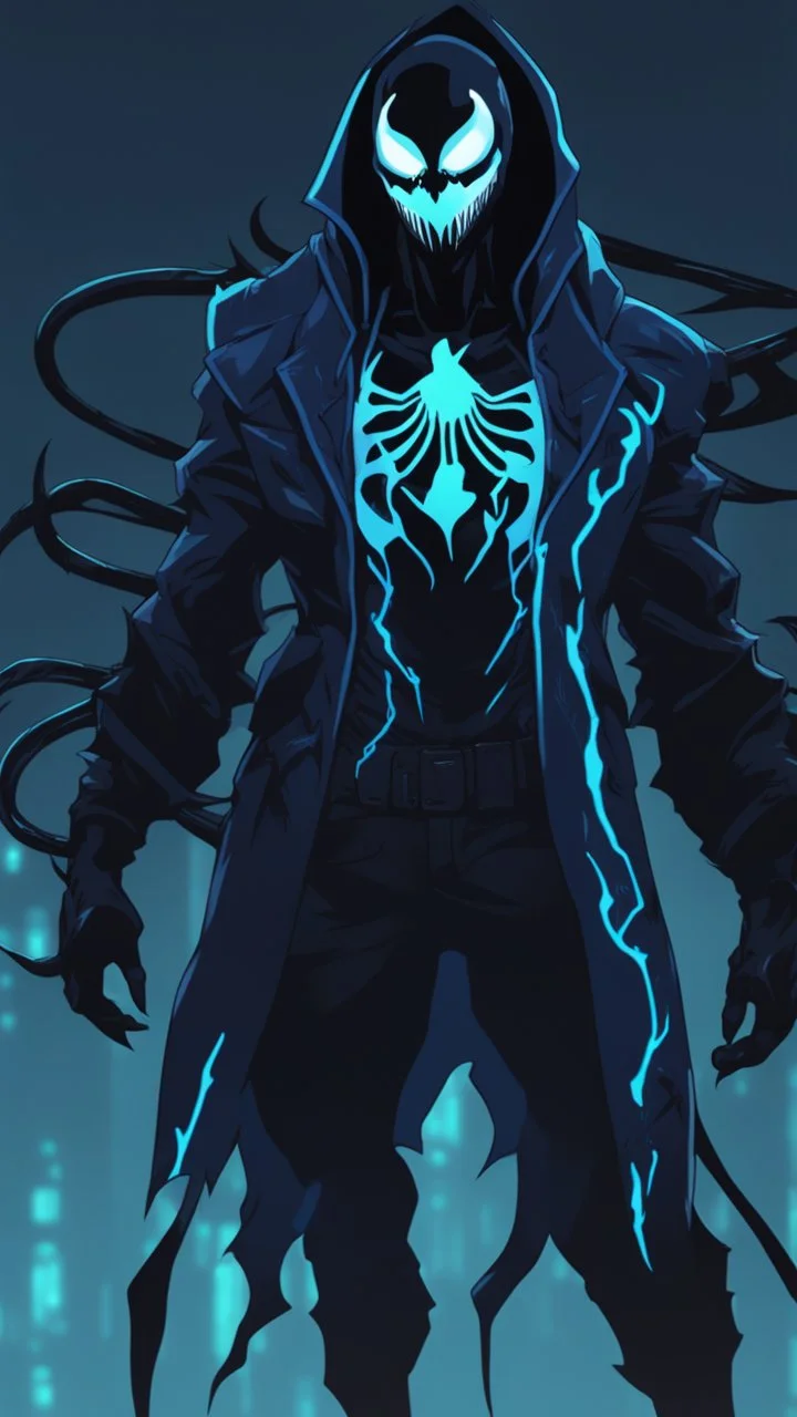 Mix between venom symbiote and Reaper in solo leveling shadow style with neon glowing blue