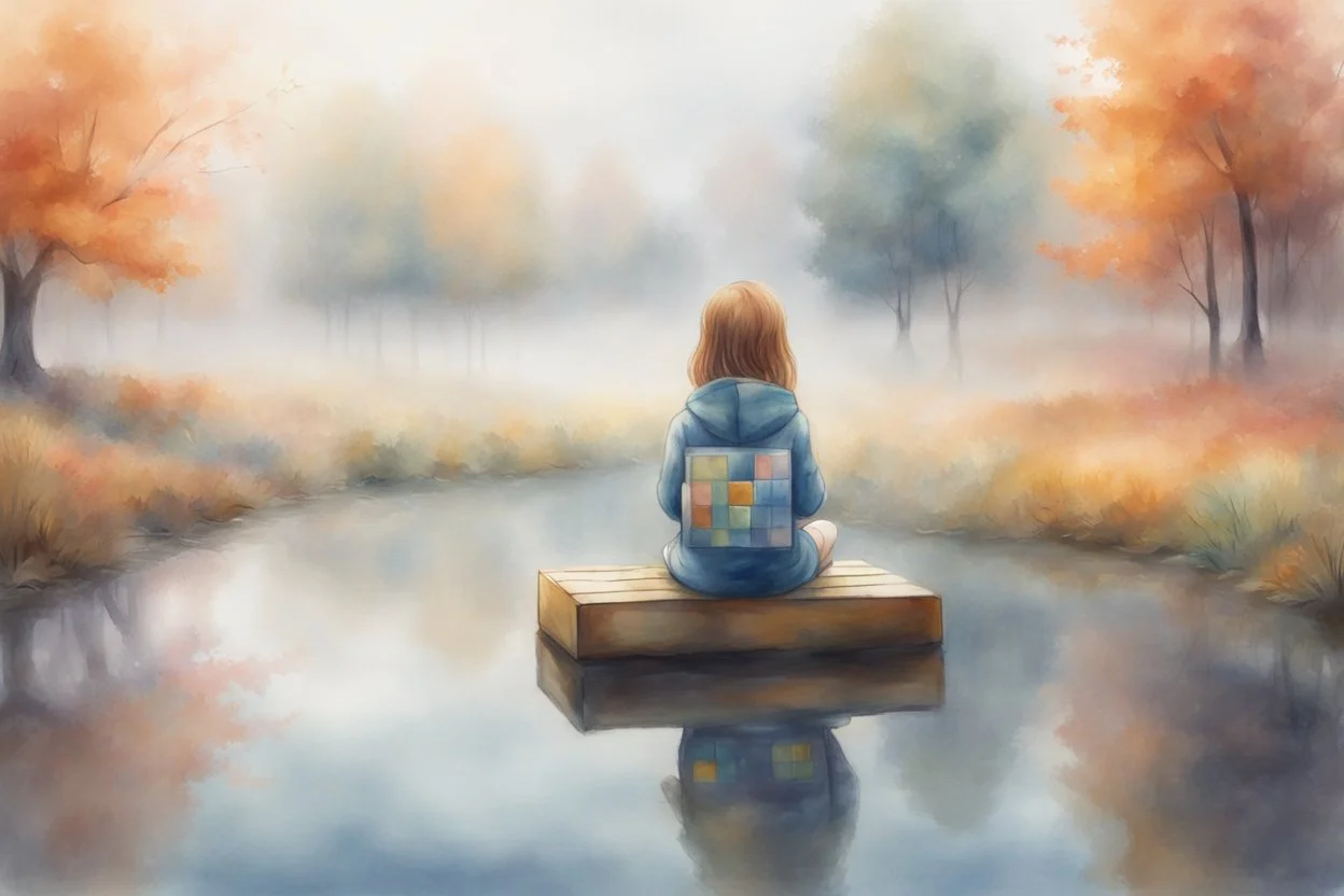 a cute chibi girl is sitting with her back to us, we see her playing tetris on a big screen, in van gogh style in on a misty morning. over a misty pond in the hieght of fall. Watercolour by Alison Brady. Pastel colours S<AI in sunshine, ethereal, otherwordly, cinematic postprocessing