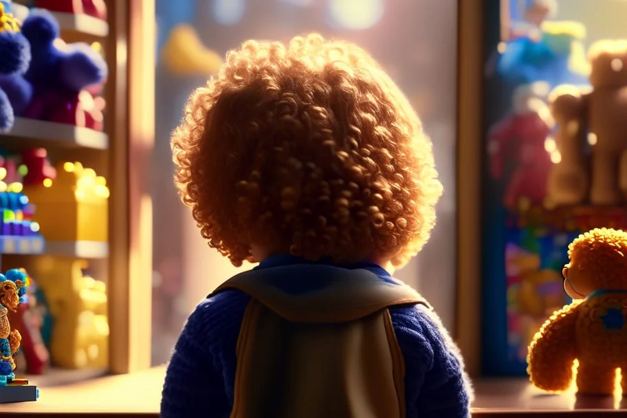 a little boy with curly blond hair is standing with his back to us, looking at toys (stuffed animals, building blocks, trains, legos, rocking horses) in a toy shop window Nikon D850 digital painting fantasy 4k very attractive fantastic view ultra detailed 4K 3D cinematic postprocessing in sunshine