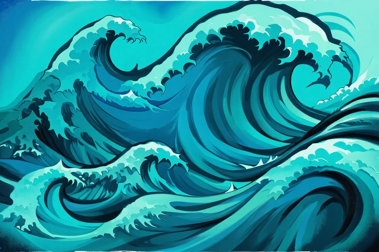 a background of a fun stylized waves with smooth black linework, blue teal tones, surf culture, parody of "the great wave"