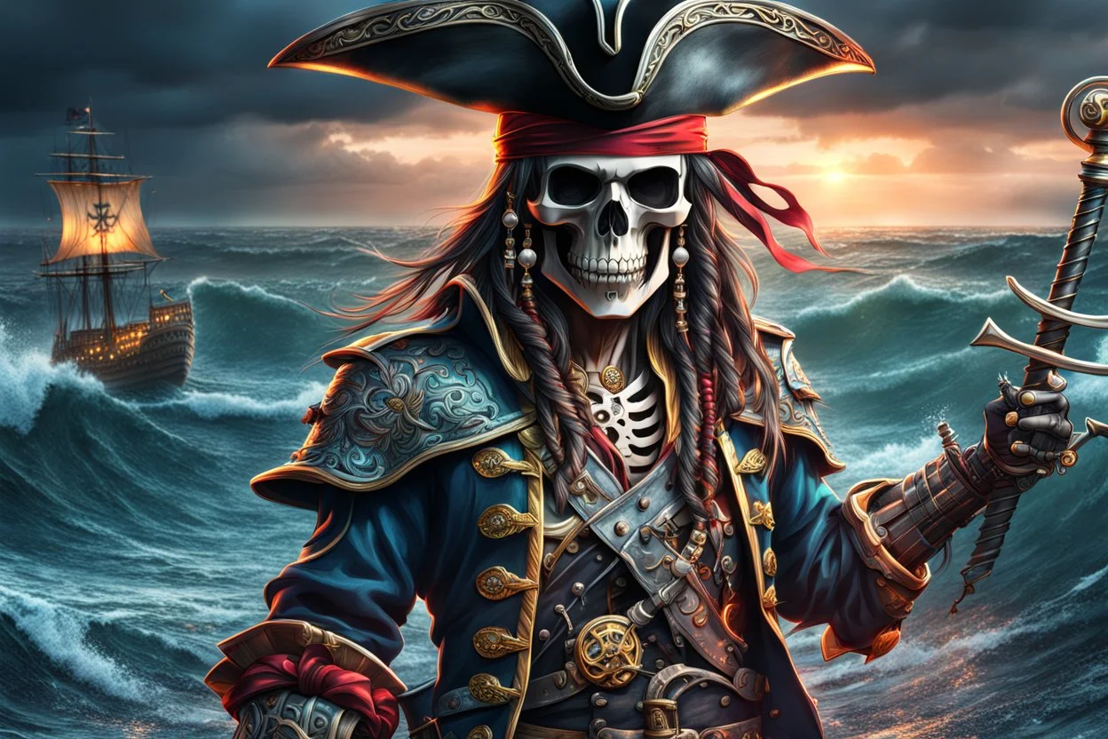 Skeleton pirate in 8k anime cgi drawing style, sea, Storm, close picture, rain, neon, highly detailed, high details, detailed portrait, masterpiece,ultra detailed, ultra quality