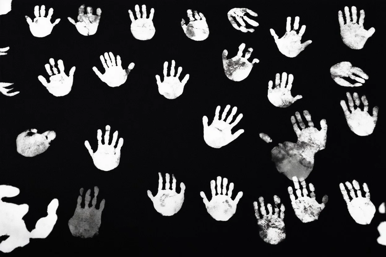 multiple white hand prints on a solid black background. some hand prints have finger streaks