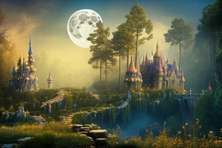 big dreamcastle stand on a rock, forest, night, moon, 8k resolution, high-quality, fine-detail, intricate, fantasy art, detailed matte, volumetric lighting, illustration, 3D