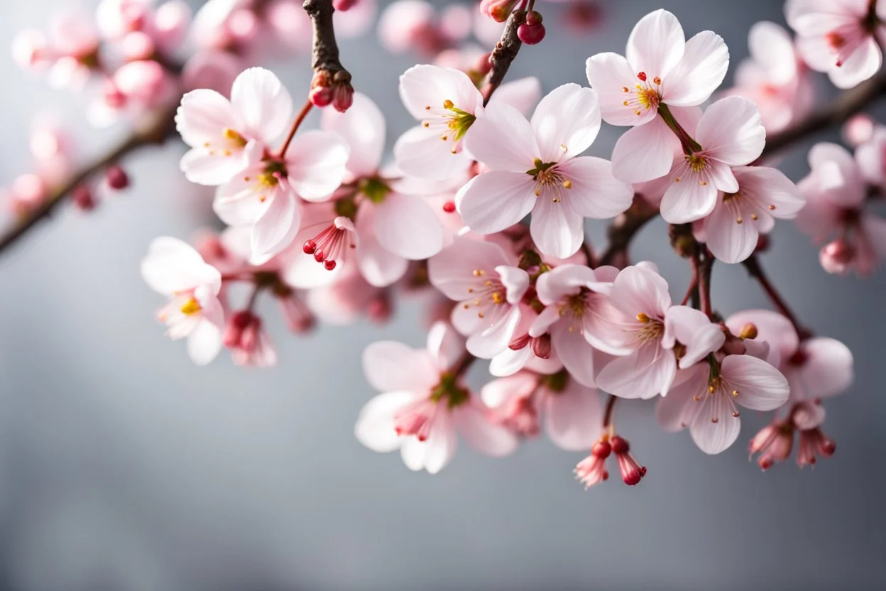 fantastic light pin gray background with four bunches of cherry blossoms on blurred background