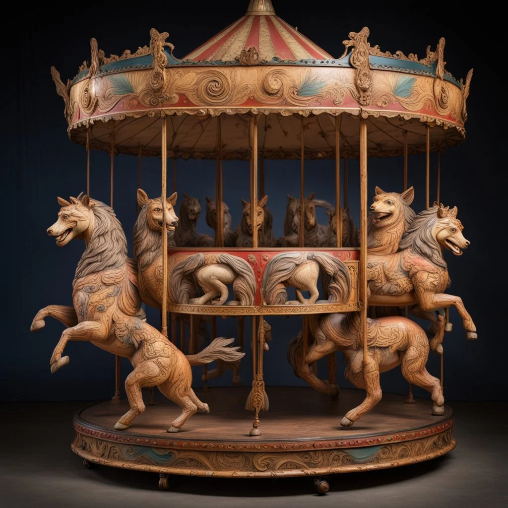 Antique circus carousel (merry go round) meticulously carved, with intricate details, showcasing a menagerie of life-size creatures moving in graceful rhythm, anatomically accurate mythological creatures like Griffins, unicorns with wings, along with large decorated rabnits, tigers, and black bears, hand painted with expressive, grotesque faces. fantastical creatures art style is flamboyant, magical, early 20th century, overexaggerated, realism, surrealistic atmosphere, grotesque, alive-like sc