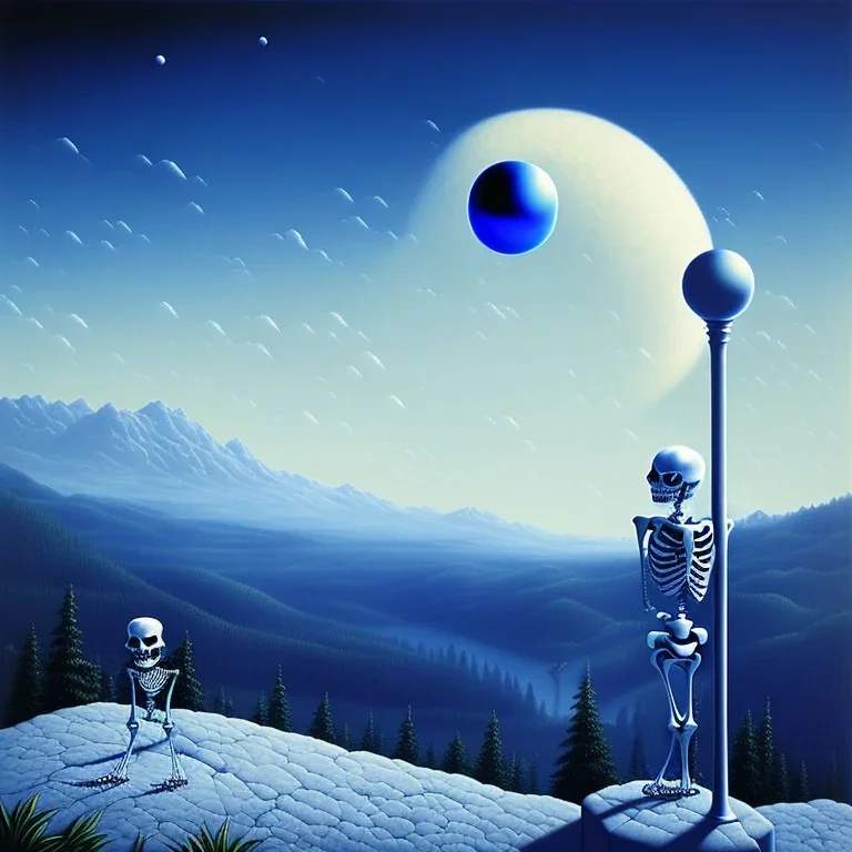 The Skeleton and the Grim Reaper on bubble world, discussing the future of the universe, art by Magritte and Pixar