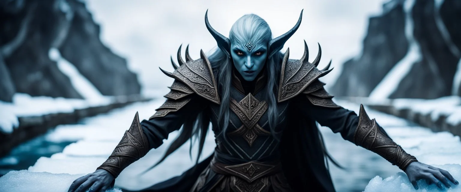 close up on psionic ancient dark elf in threatening pose on ice stone bridge