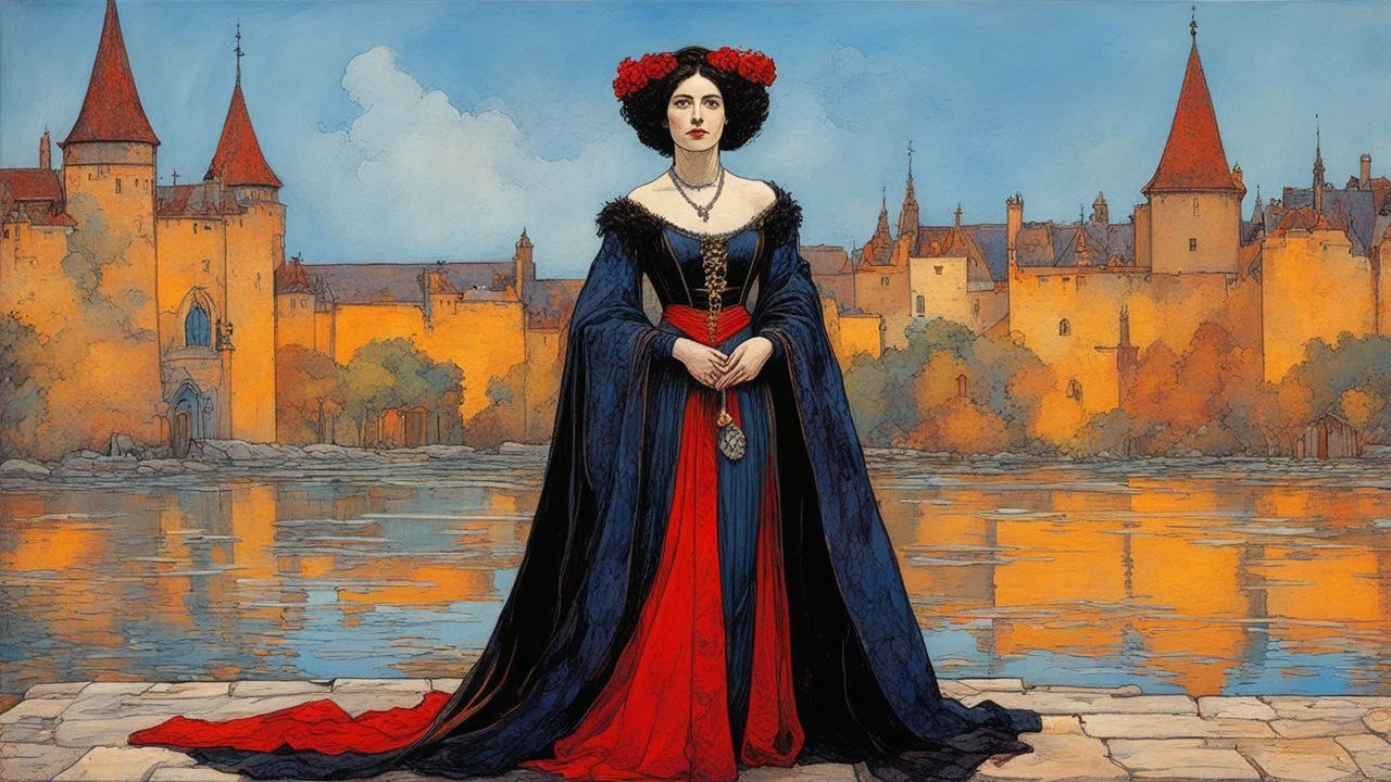 ink oil, full body portrait painting of a medieval vampire girl in the impressionist style of Childe Hassam, mixed with art nouveau, and abstract impressionism, and the comic art style of Jean-Giraud Moebius ,precise and sharply defined edges, in vibrant natural colors