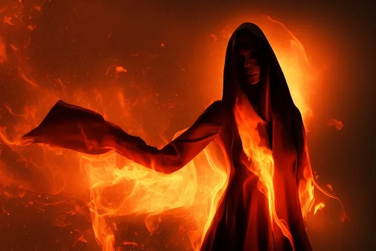 Cloaked woman holding fire, Dark moody night atmosphere, 8K, high body details, anatomically perfect bod