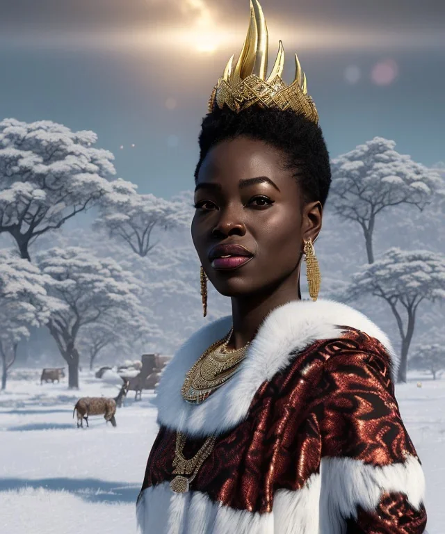 a fancy portrait of a snow african Queen by Greg Rutkowski, Sung Choi, Mitchell Mohrhauser, Maciej Kuciara, Johnson Ting, Maxim Verehin, Peter Konig, kente, 8k photorealistic, cinematic lighting, HD, high details, dramatic, atmosphereric, trending on artstation