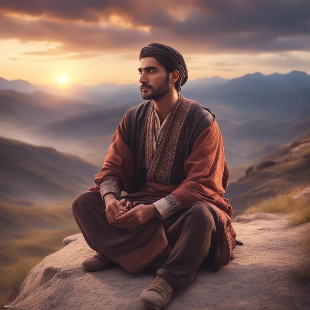 Hyper Realistic good-looking-young-pashto-man playing traditional-instrument sitting on mountain at beautiful cloudy sunset with dramatic & cinematic ambiance