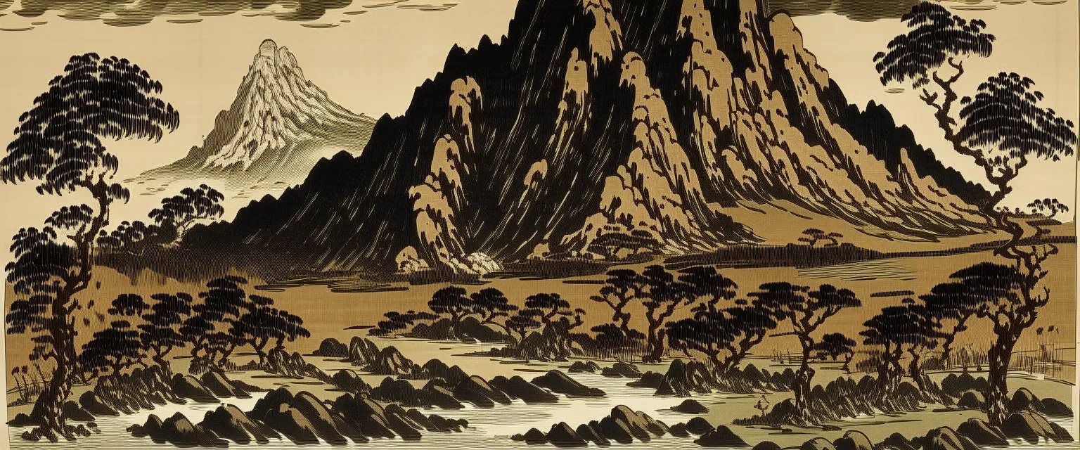 A dark brown mountain with tar pits painted by Katsushika Hokusai