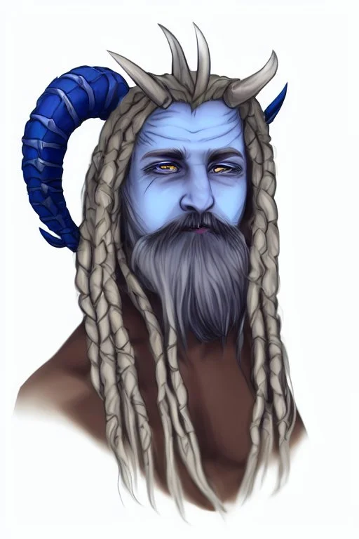 A tieffelin with blue skin and white Dreadlock hair. His pupil-less eyes are green. He wears a small beard. His horns are black and curved backwards. He wears a beige tunic.