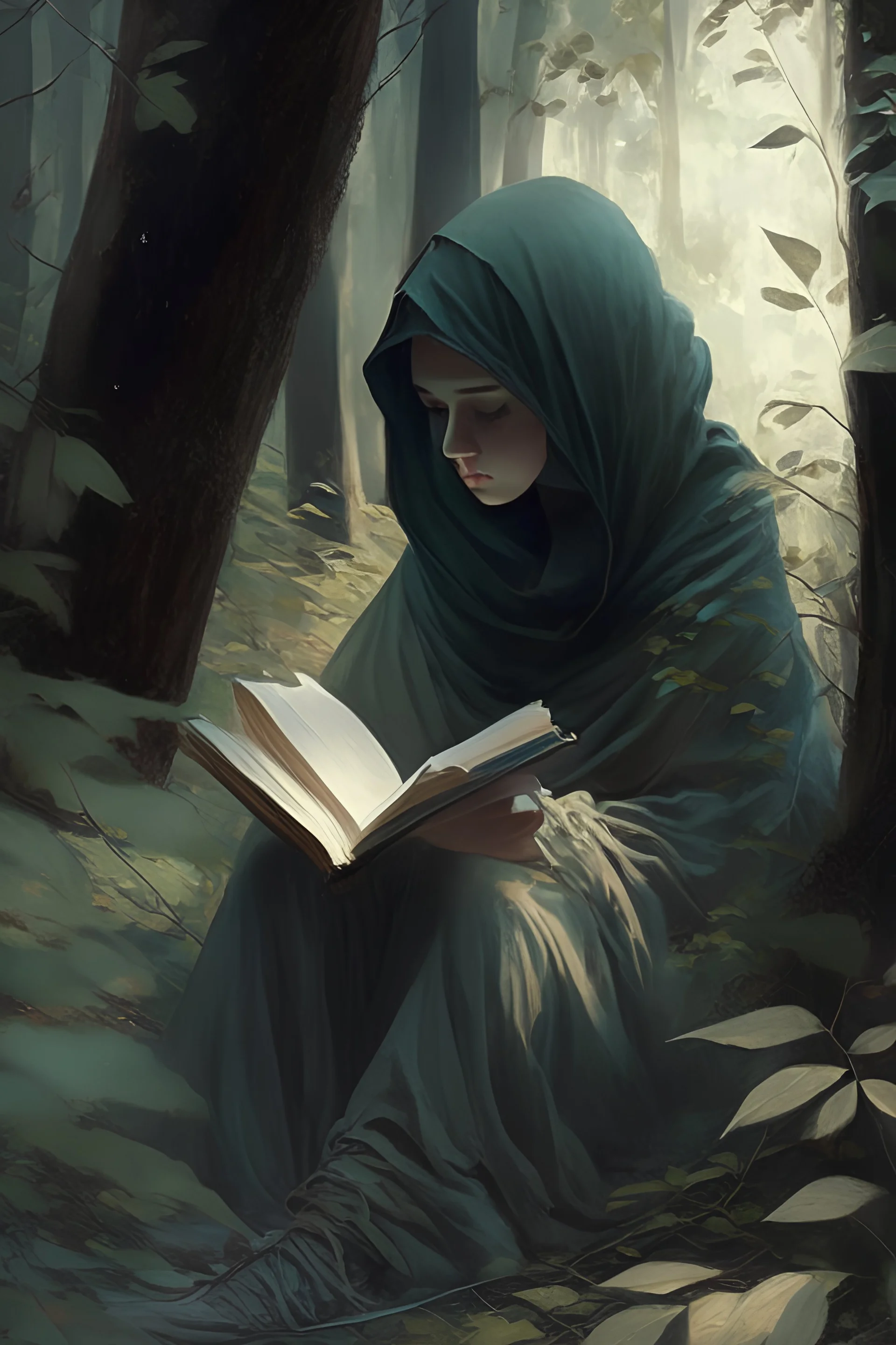 A short veiled girl is sitting in the woods alone and reading a book