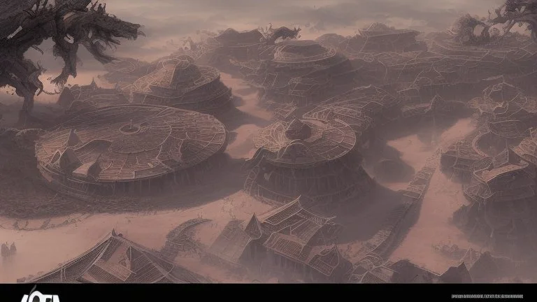 ancient, fantasy, chinese town, dune, crater, sand strom, destroyed chinese houses