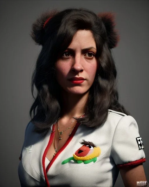 Portrait, spanish waitress woman with monster muppet mask that covers her entire head, retro style, Sesame Street style, black, smooth, unreal engine 5, god lights, ray tracing, RTX, lumen lighting, ultra detail, volumetric lighting, 3d.