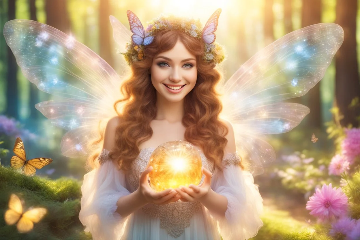 A beauty Fairy women with long Brown hairy,Crystal wings and sweety smile.She has a magic ball of light in the hands.the background Is a magic coloured Fairy foreste, with a kot of flowers, Butterfly in a Sunny day