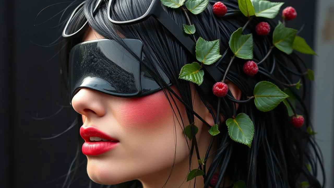 "woman, messy black hair, made of shiny texture, sunglasses on head, red blush, blindfolded, half grin, vine design, raspberry, surreal, futuristic, black outdoor background, peach skin, leafy textures, shiny plastic, organic aesthetic, rose red hue, green leaves, alien design, mutant structure, red mouth, bizarre aesthetic"