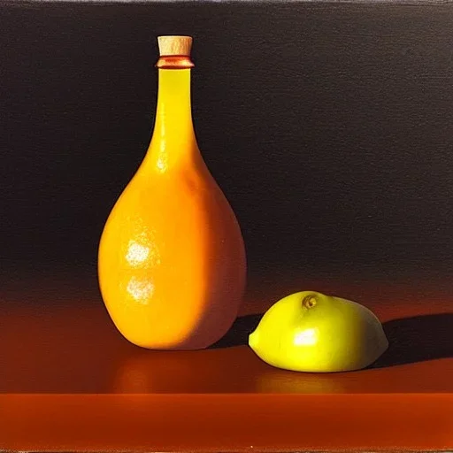 still life bottle half fruit