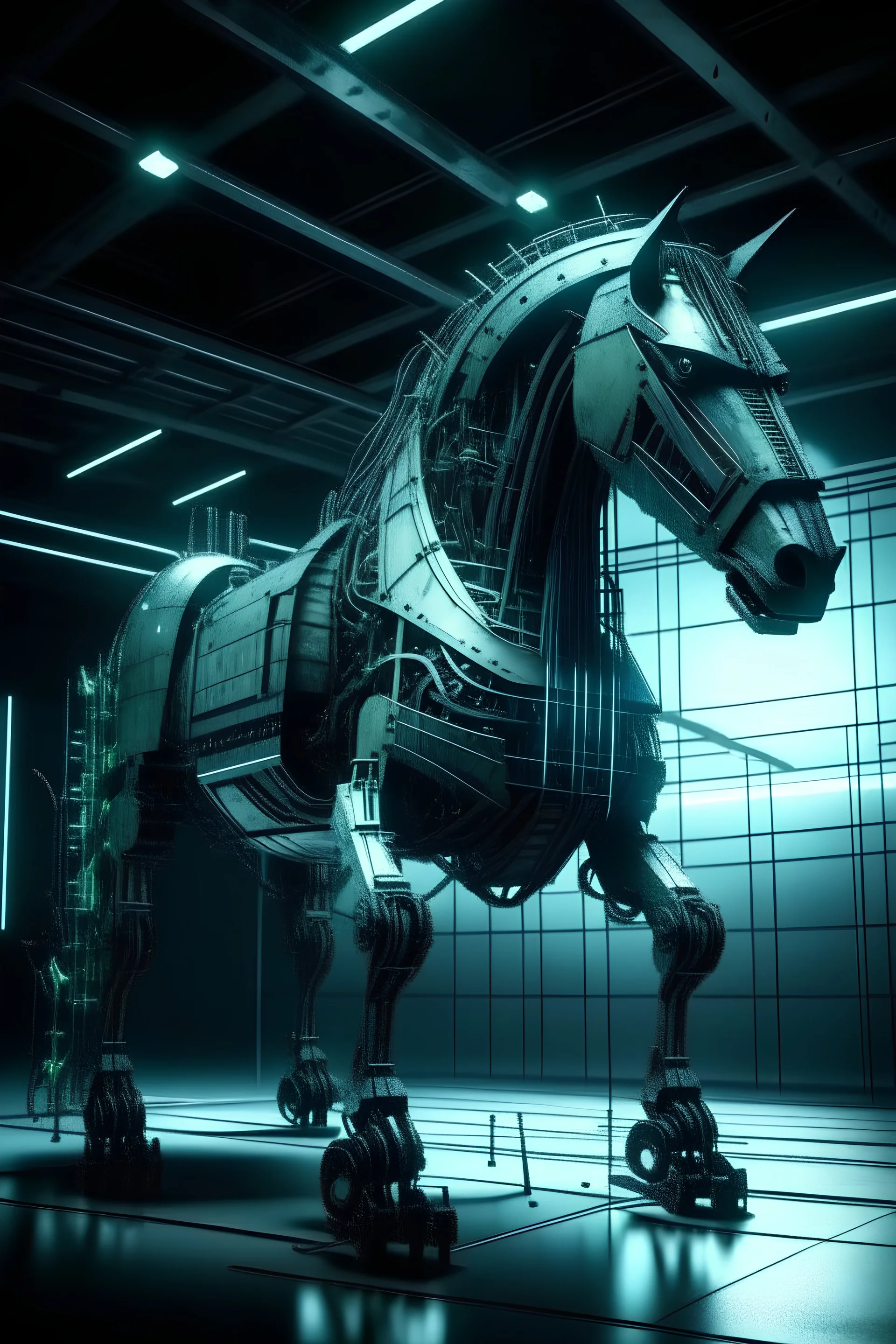 futuristic mechanical trojan horse in a cyber-punk style laboratory, cinematic, dramatic studio lighting, depth of field