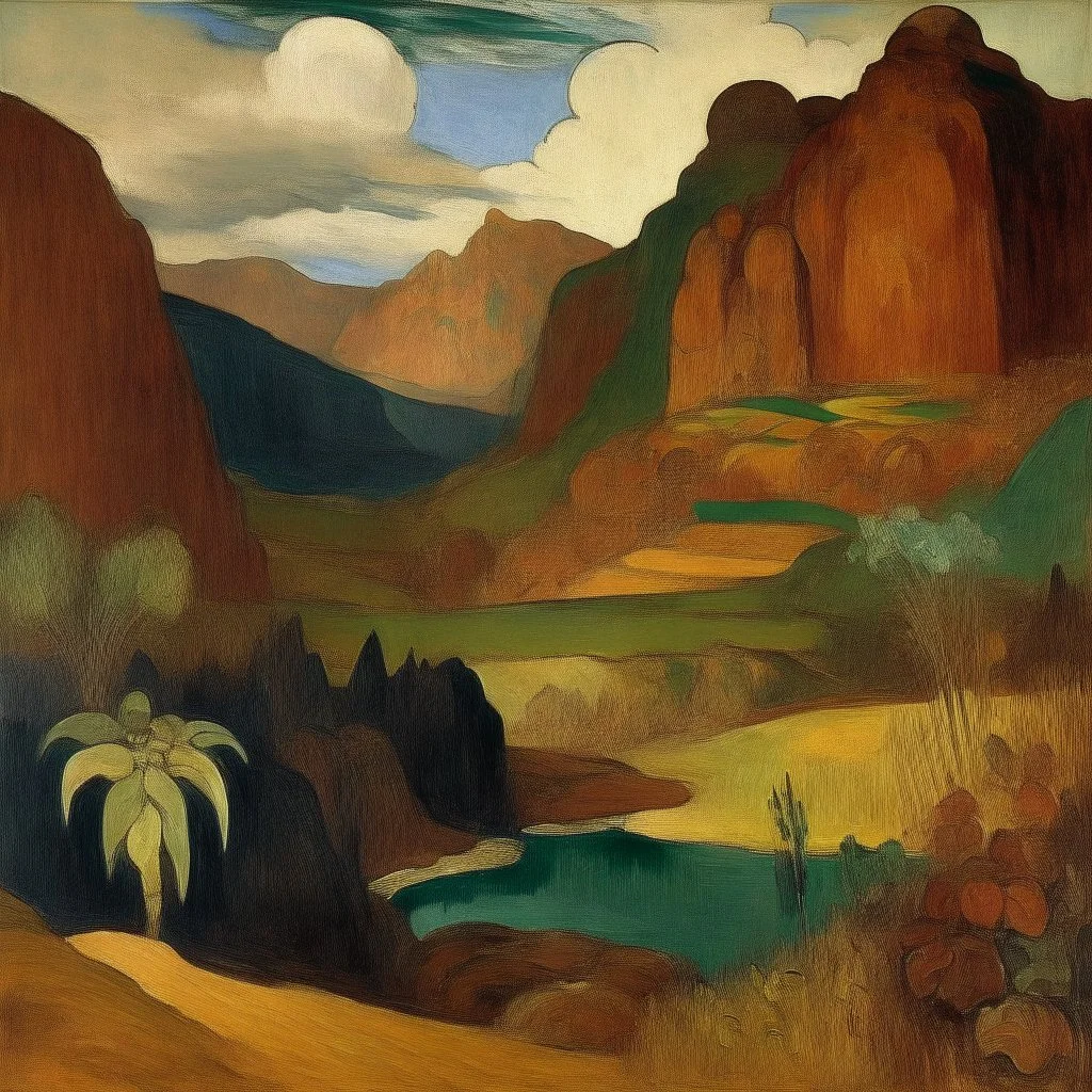 A brown mountain near a canyon painted by Paul Gauguin