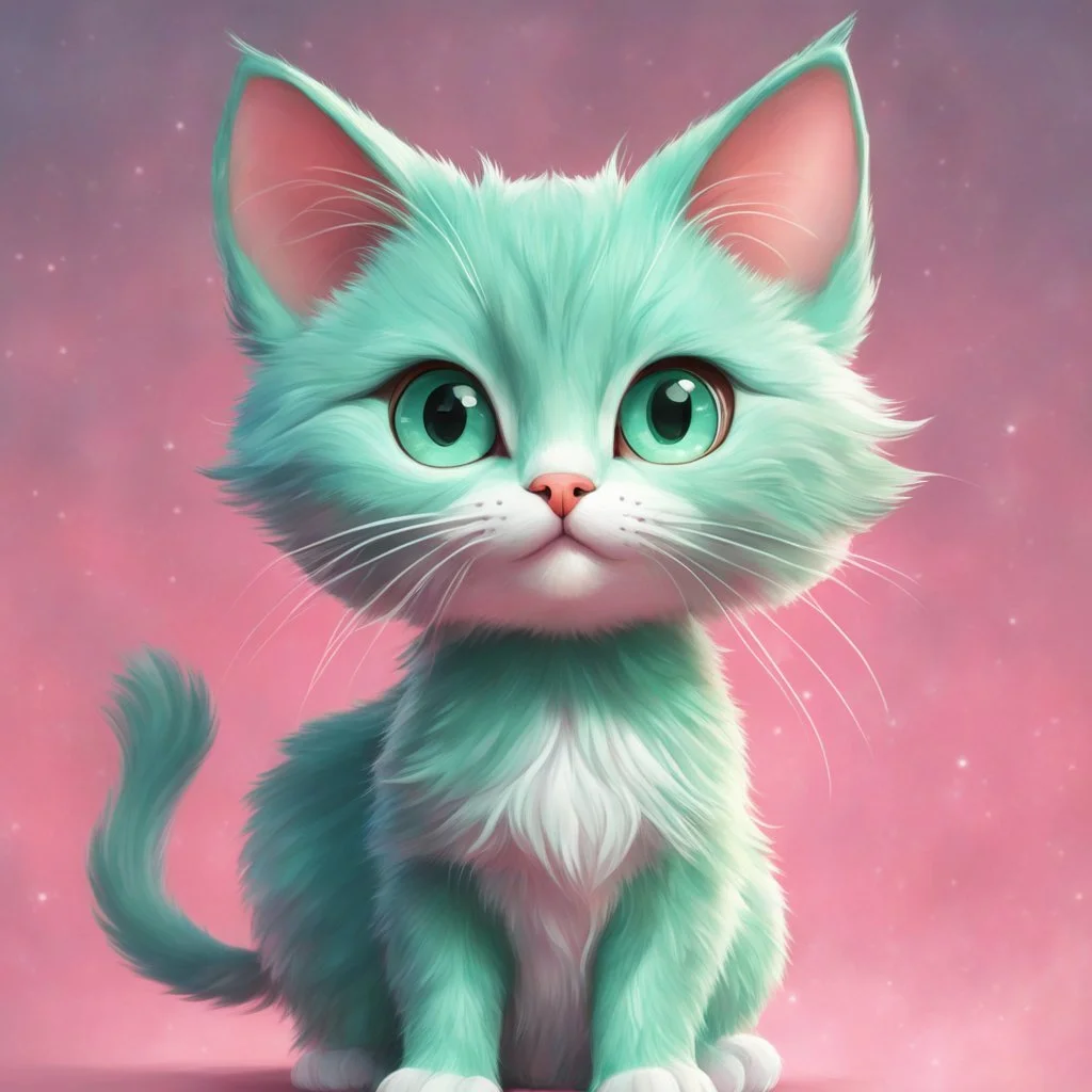 A delightful and adorable cartoon illustration featuring a cute mint-colored cat against a charming pink background, (delightful illustration:1.4), (adorable cartoon cat:1.5), (charming pink background:1.3), (expressive mint hues:1.2), inspired by the styles of cute cartoon artists, trending on ArtStation, Intricate, Sharp focus, vibrant lighting, (whimsical:1.4), (playful ambiance:1.3), (lush fur details:1.5), Cartoon, Masterful, Captivating, High Detail, Cinematic view