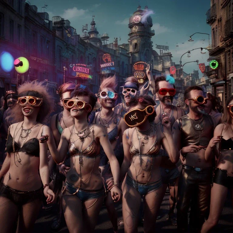 Ultra Realistic photo, medium shot view, drunken women, carnival scene, sexy steampunk. hair monster, Sunglasses, smoking, happy, hot. Cabaret background, highly detailed, concept art, unreal engine 5, ray tracing, RTX, lumen lighting, ultra detail, volumetric lighting, 3d, finely drawn, high definition, high resolution.