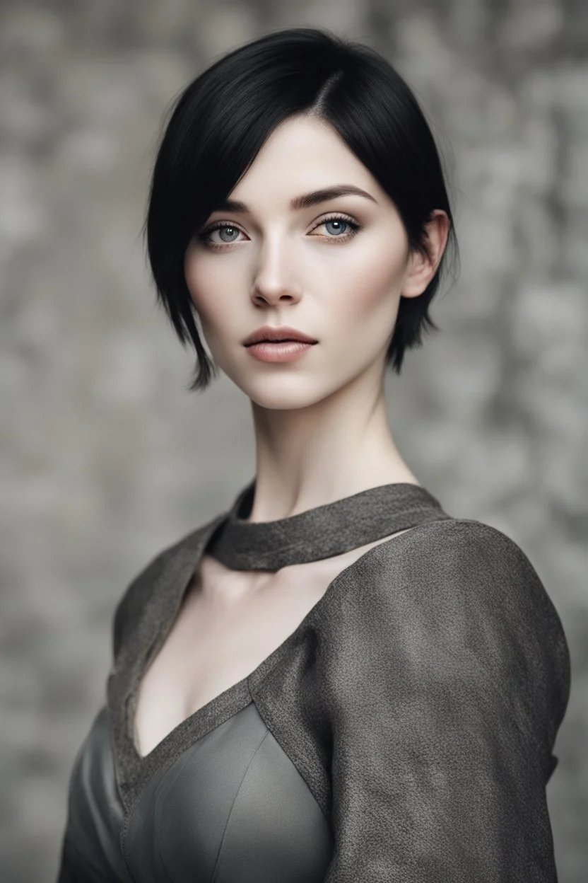 Scandinavian medieval woman with black short hair, pale skin, pretty lips, athletic