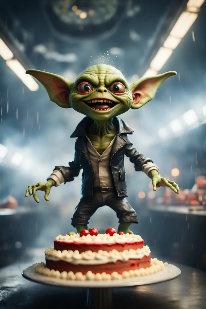 portrait of happy gremlin virgin alien standing in a mega cake on a speeding locomotive in a wind tunnel birthday party in a storm cloud, in the style of a fallout 4,bokeh like f/0.8, tilt-shift lens 8k, high detail, smooth render, down-light, unreal engine, prize winning