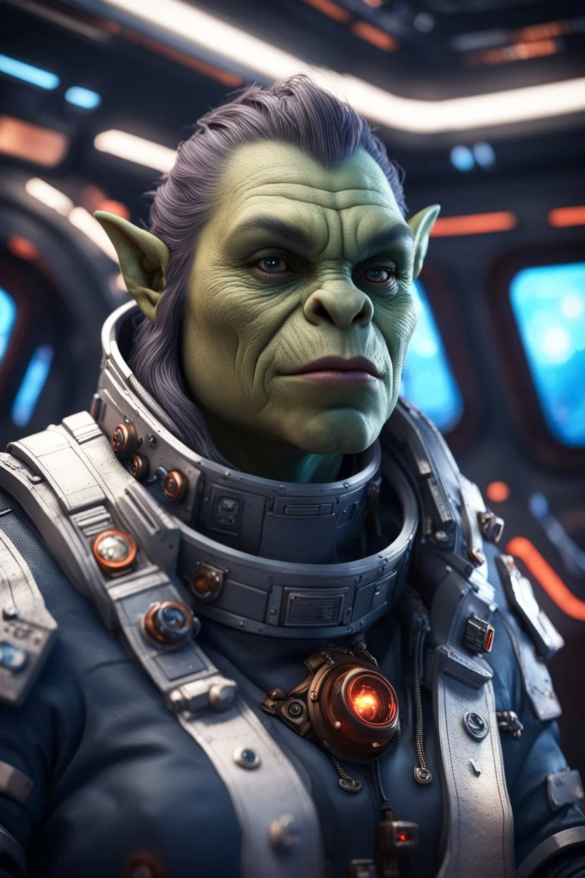 pen outline, really macho pimp orc seal french female captain that go hard sitting in space station cockpit , in front of space portal dimensional glittering device, bokeh like f/0.8, tilt-shift lens 8k, high detail, smooth render, down-light, unreal engine, prize winning