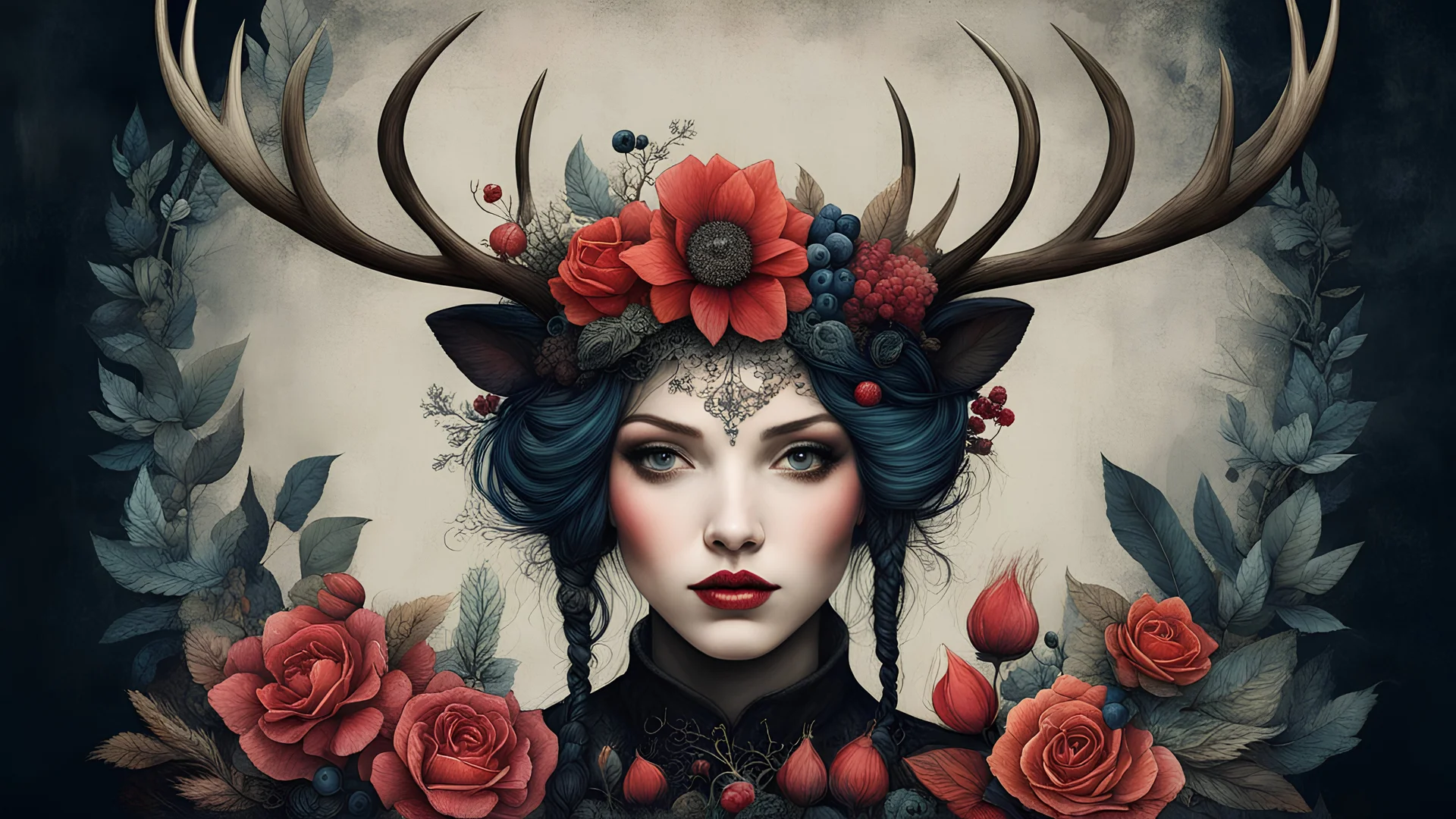 Daily Theme : Kehoe Andy Kehoe + Rococo perfect realistic illustrated flowers + diesel punk grunge, minimalist, multilayered, insane composition, rule of thirds, ink and pencil illustration perfect girl with antlers, minimalst background inspired by Tahlia Stanton and Brian Froud, berries, feathers,