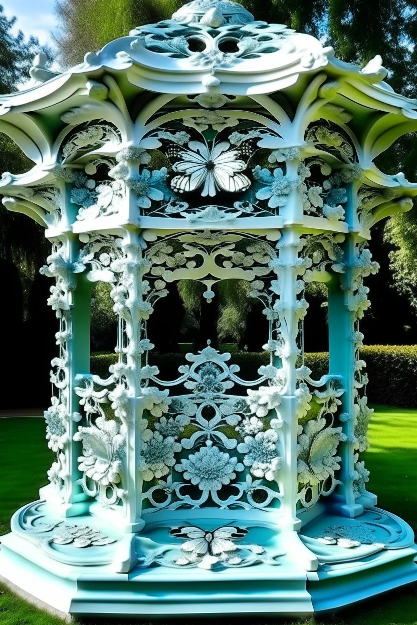 carved gazebo, garden, flowers, butterflies, colors: snow-white, silver, milky, mint, glaze, pearl, turquoise, cream, mother-of-pearl, dawn: sfumato, complex abstraction in the style of Dali
