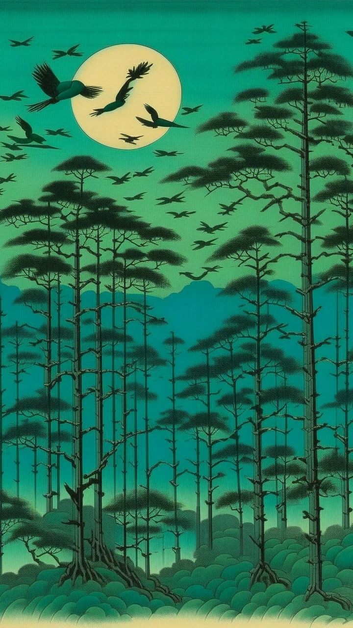 Dark cyan treetops with birds painted by Utagawa Hiroshige