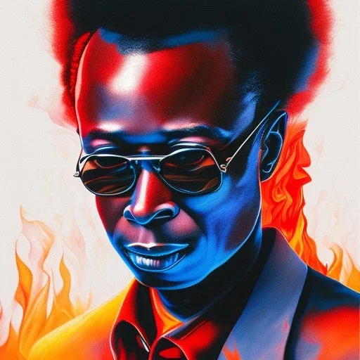 Miles Davis, fire, forest, red, masterpiece, expert, 8K, hyperrealism, sharp focus, cinematic lighting