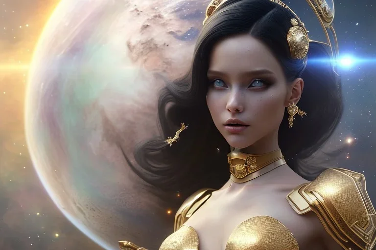  beautiful cosmic woman, long black hair, nice smiling, magic glamour make up, delicate colors, beautiful glamour galactique dress, ultra sharp focus, 8k, unreal engine 5, extremely sharp detail, light effect, soft light atmosphere of a spaceship, smooth, full of details, face in front, complete vision of face and hair and body